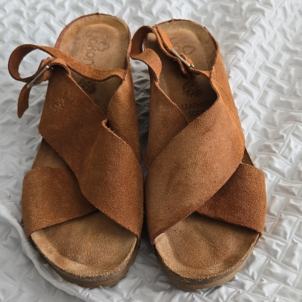 Yokono Women's Tan Suede Leather Wedge Slingback Sandals Summer Shoes Size 9